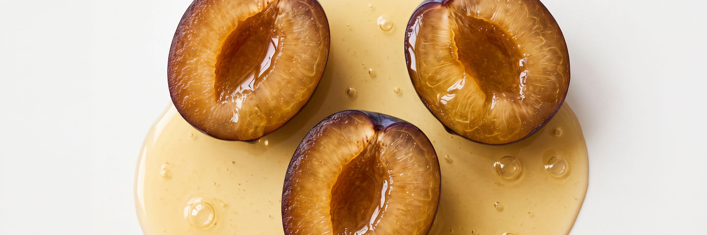 Halved plums resting in a pool of golden plum kernel oil