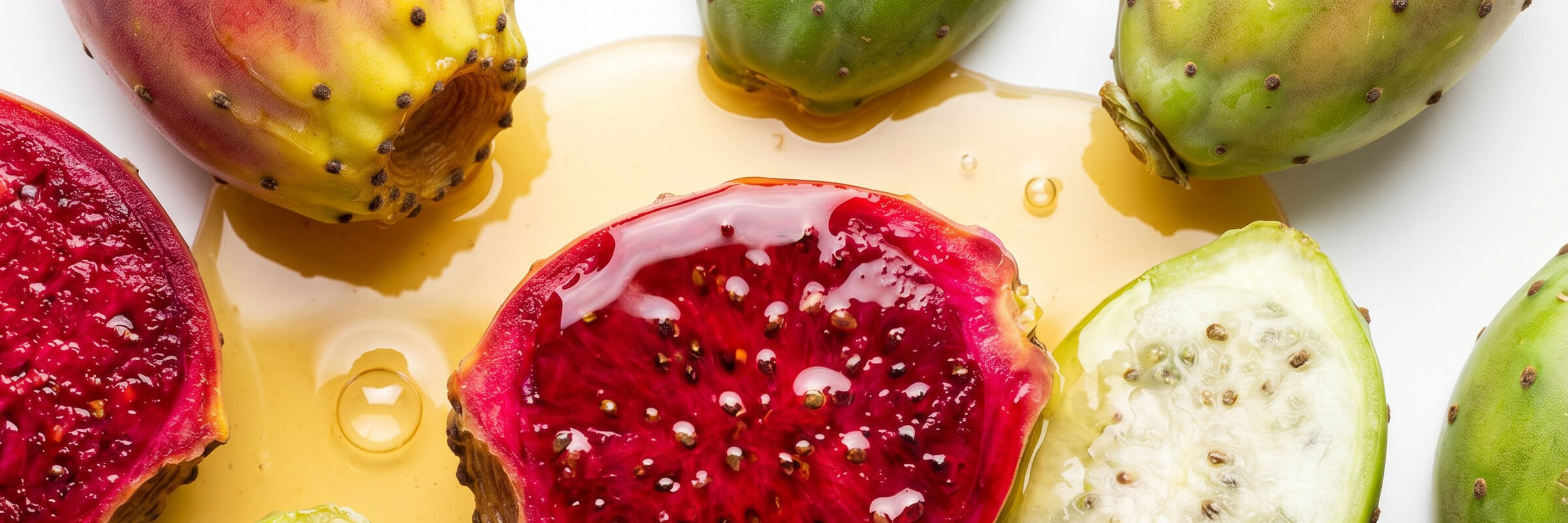 Halved prickly pear fruits with magenta flesh beside whole green cactus pears in golden oil