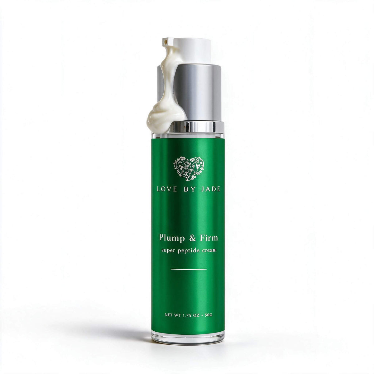 Plump & Firm Super Peptide Cream, 50g airless pump bottle with a swirl of white cream dispensed at the nozzle.