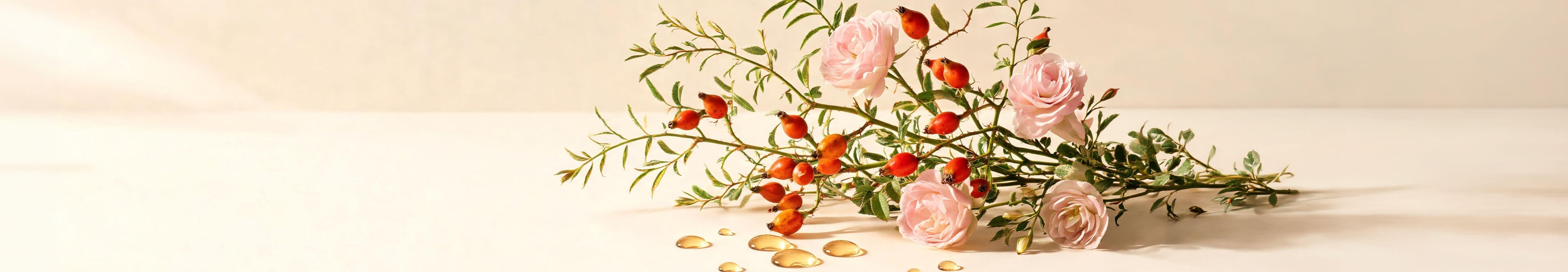 Rosehips and pale pink roses on the stem with golden oil droplets on a cream background