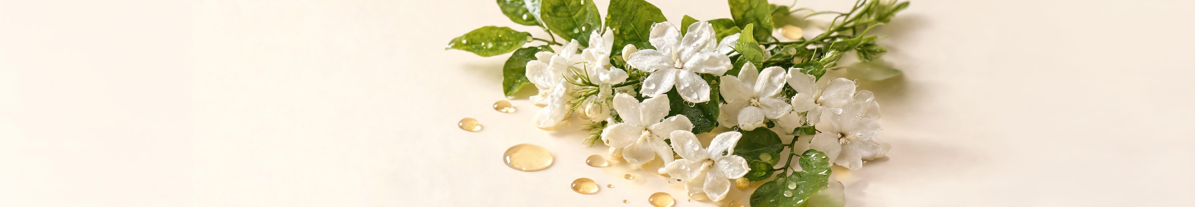 White jasmine flowers and green leaves with water droplets on a warm cream background