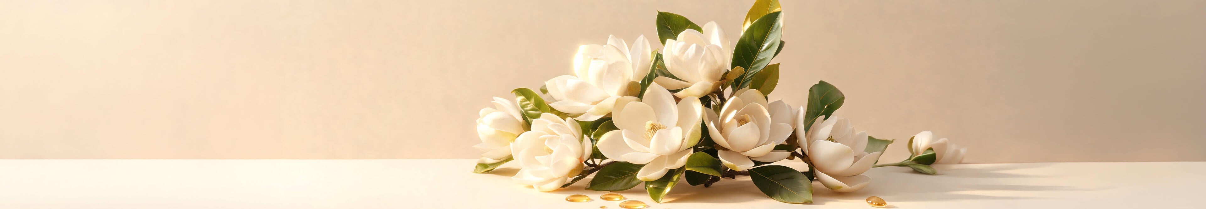 White magnolia flowers with glossy green leaves and golden oil droplets on a cream background
