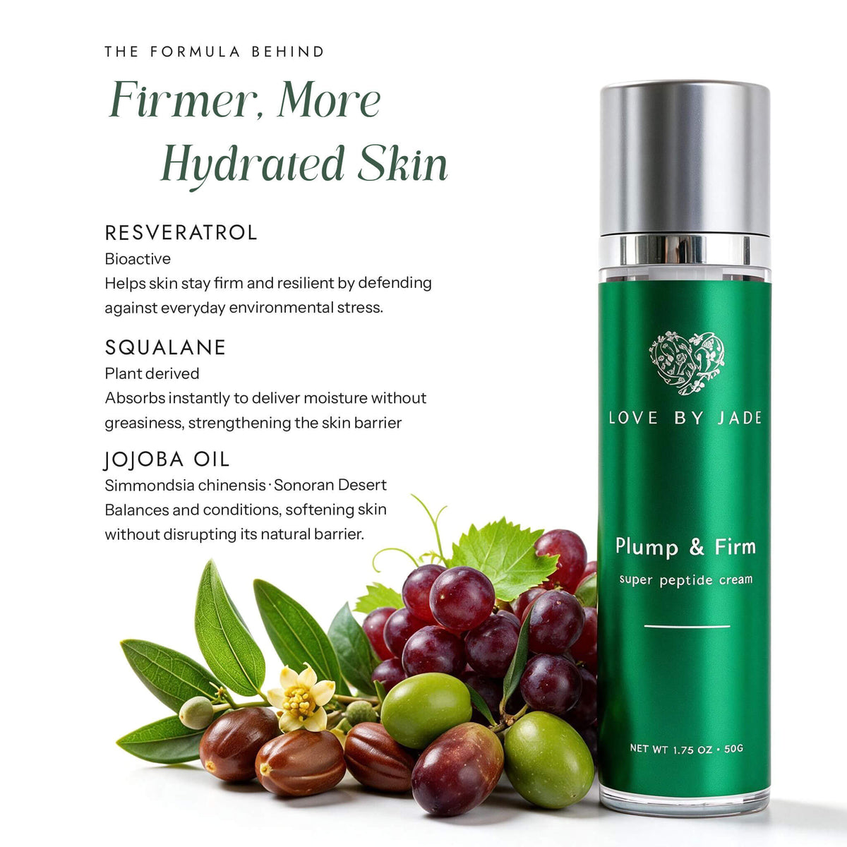 Plump & Firm Super Peptide Cream bottle beside grapes, olives and jojoba beans, the formula behind firmer, more hydrated skin. Resveratrol, bioactive, helps skin stay firm and resilient by defending against everyday environmental stress. Squalane, plant derived, absorbs instantly to deliver moisture without greasiness and supports the skin barrier. Jojoba oil, Simmondsia chinensis from the Sonoran Desert, balances and conditions, softening skin without disrupting its natural barrier.