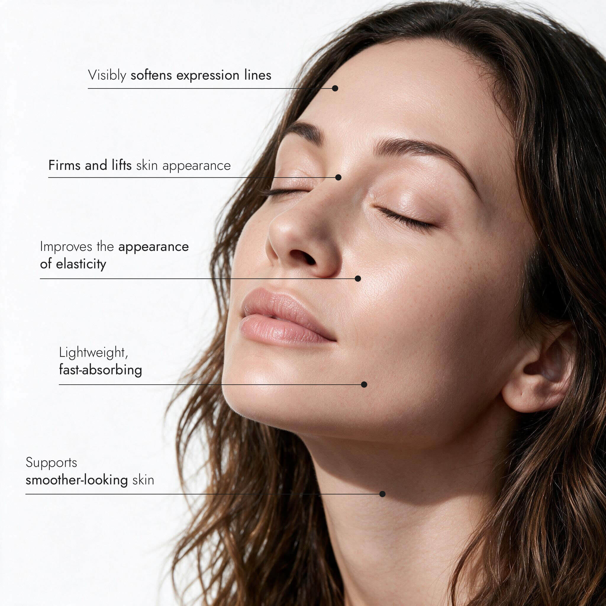Woman's face annotated with five Plump & Firm Serum benefits: visibly softens expression lines, firms and lifts skin appearance, improves the appearance of elasticity, lightweight and fast-absorbing, supports smoother-looking skin.