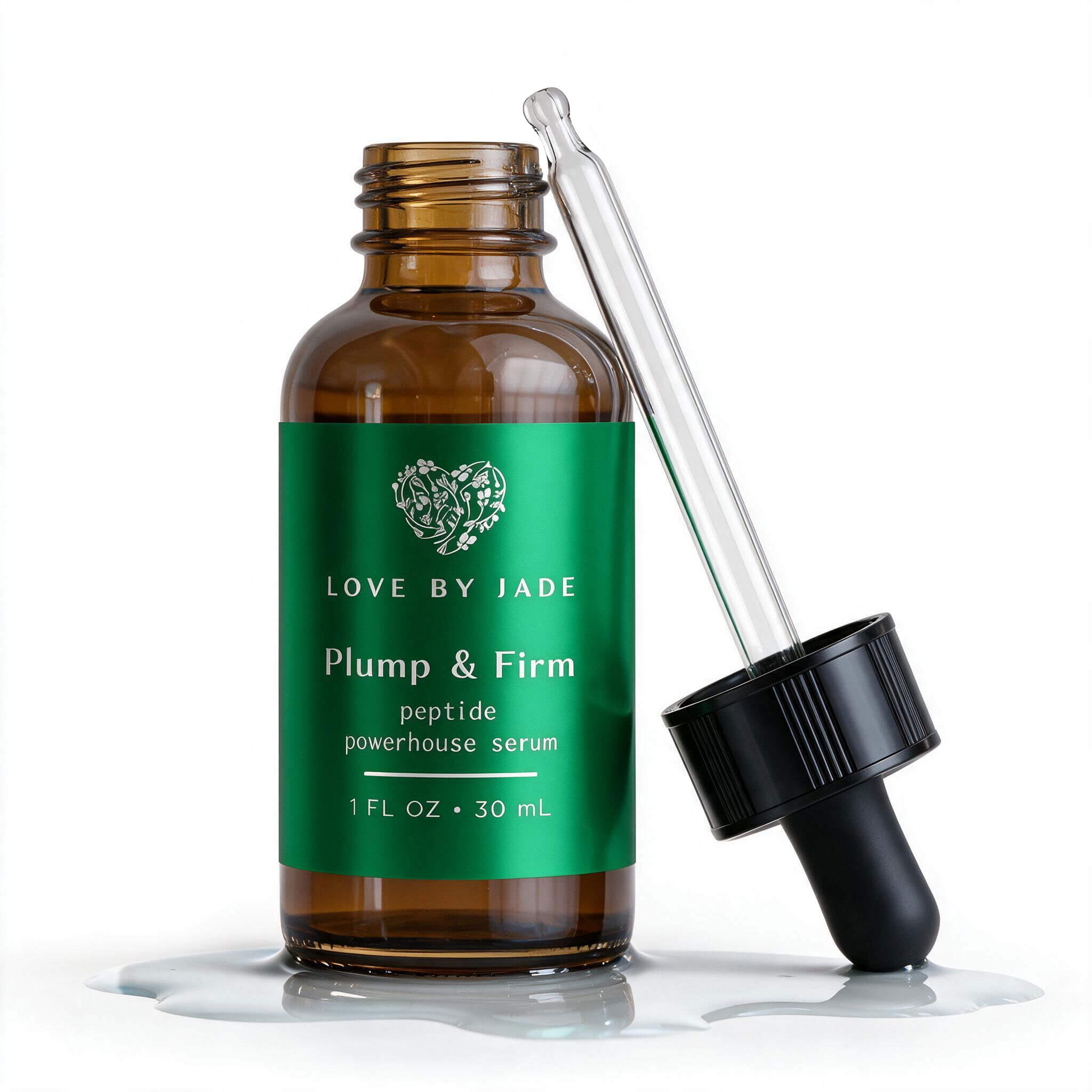 Plump & Firm Peptide Powerhouse Serum, 30ml amber glass bottle with a green label, the black dropper leaning against it and clear serum pooled at the base.