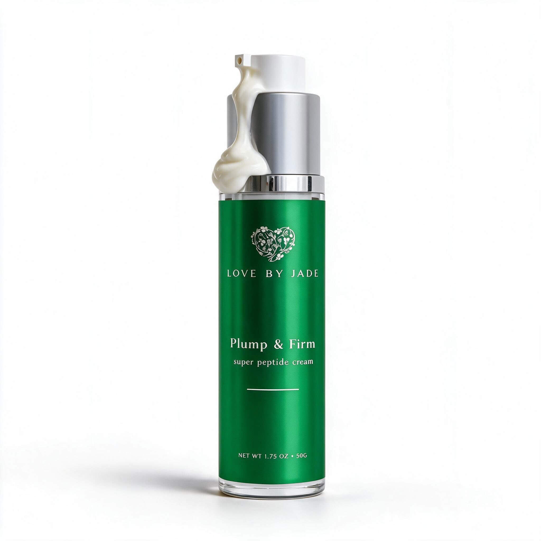 Plump & Firm Super Peptide Cream, 50g airless pump bottle with a swirl of white cream dispensed at the nozzle.