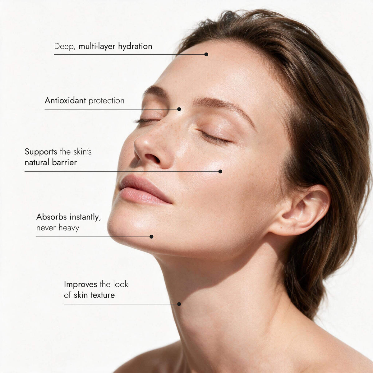 Woman's face annotated with five Glow Booster benefits: deep multi-layer hydration, antioxidant protection, supports the skin's natural barrier, absorbs instantly and never heavy, improves the look of skin texture.