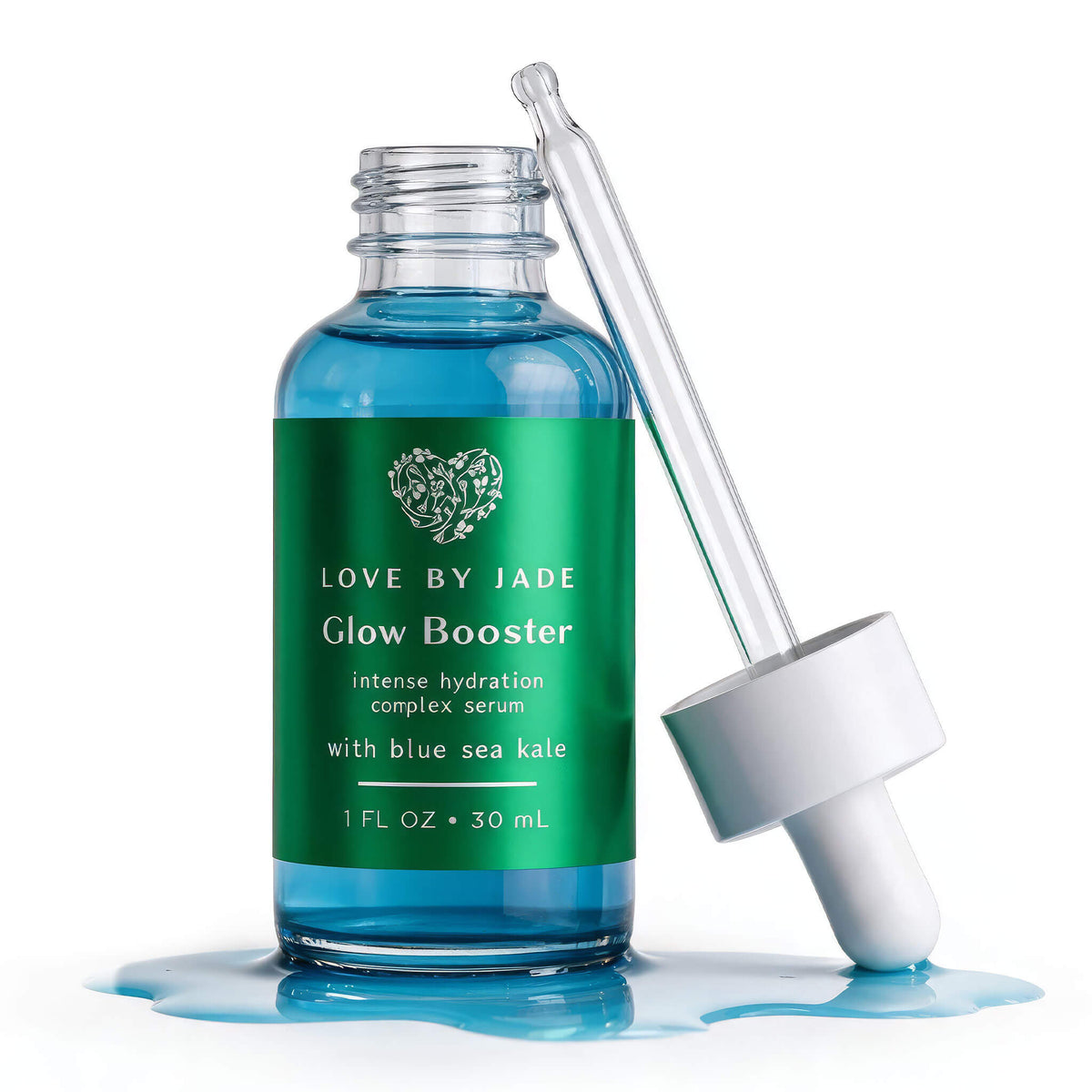 Glow Booster Intense Hydration Complex Serum, 30ml clear glass bottle of blue serum with a green label, the white dropper leaning against it and serum pooled at the base.