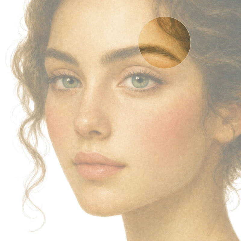 Illustrated portrait with a warm circle highlighting the outer brow and temple