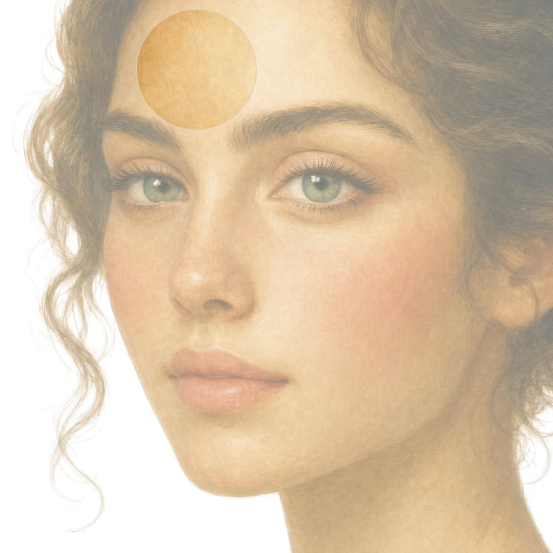 Illustrated portrait with a warm circle highlighting the forehead