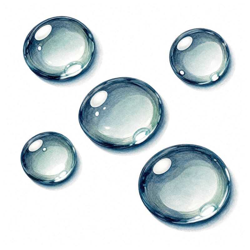 Illustration of five clear water droplets on a white background